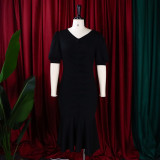 Plain Color V-Neck Elegant Short Sleeve Mermaid Midi Dress