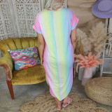 Rainbow Color Print V-Neck Short Sleeves Long Loose Dress