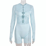 See Through Blue Mesh Patchwork Cutout Rompers
