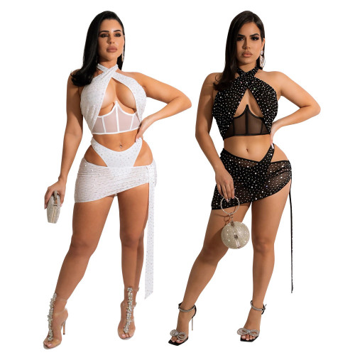 Hollow Out Mesh Rhinestone Halter Neck Crop Top and Skirt with Panty 3PCS Set