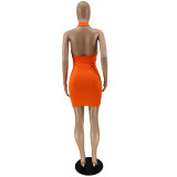 Plain Color Halter Backless Button Stand Collar Bodycon Dresses