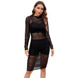 Black Mesh Dress and Cami Crop Top with Shorts 3PCS Set