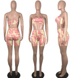 Print Orange Cami Crop Top and Tight Shorts 2PCS Set