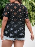 Star Print Cut Out See Through Black Fashion T-Shirt