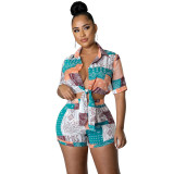 Paisley Print Tie Front Blouse and Shrots Two Pieces