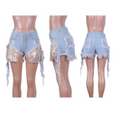 Sequin Pocket Beaded Wash Zip Fly Jeans Shorts