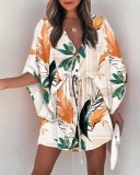 Loose Bat Sleeve V-Neck Button Up Mini Dress with Belt