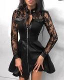 Wholesale Long Sleeve Zip Up PU Leather and Mesh Patchwork Skater Dress