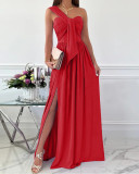 Sleeveless One Shoulder Shirring Split Evening Dress