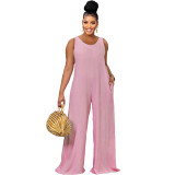 Solid Sleeveless Open Back Wide Leg Loose Jumpsuit