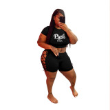Plus Size Letter Print Short Sleeves O-Neck Crop Top and Lace Up Shorts 2PCS Set