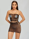 See Through Hollow Out Rhinestone Lace Bandeau Top and Skirt Set