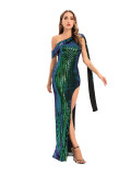Sequin Slant Shoulder High Slit Long Evening Dress