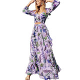 Floral Print Long Sleeves Crop Top and Ruffle Maxi Skirt 2PCS Set