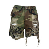 Street Style Casual Camo Print Tassel Ripped Shorts with Pockets