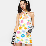Floral Print Halter Neck Sleeveless Bodycon Mini Dress