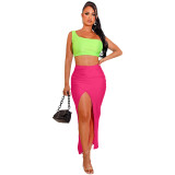 Two Tone One Shoulder Crop Top and Long Skirt Sexy Two Piece Set