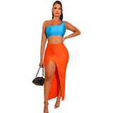 Two Tone One Shoulder Crop Top and Long Skirt Sexy Two Piece Set