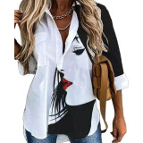 Print Button Open Long Sleeves Blouse