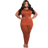 Plus Size Short Sleeves O-Neck Top and Pant 2PCS Set