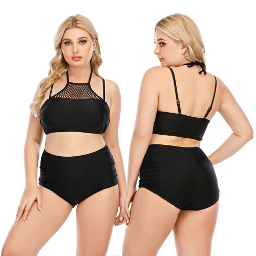 Black Solid Halter Two Piece Plus Size Swimwear