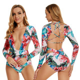 Sexy Long Sleeve Print Plunge Open Back One Piece Swimwear