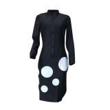 Dot Print Long Sleeve Midi Blouse Dress