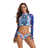 Floral Print Long Sleeve Sunblock Tie Sides Two Piece Swimwear