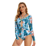 Sexy Long Sleeve Blue Floral Hollow Out One Piece Swimwear