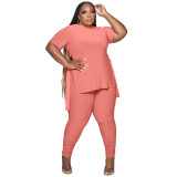 Plus Size Short Sleeves O-Neck Slit Top and Ruched Pants 2PCS Set