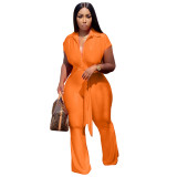 Button Up Short Sleeves Wide Leg Jumpsuit with Belted