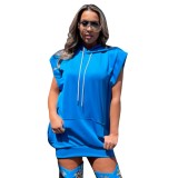 Solid Sleeveless Front Pocket Hooded Casual Dress