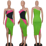Color Block One Shoulder Asymmetric Bodycon Midi Dress
