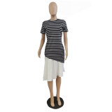 Stripe Print Short Sleeve O-Neck Long Dress