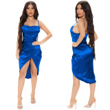 Silk Cami Backless Ruched Irregular Midi Dress