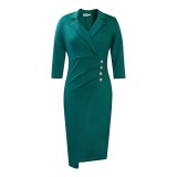Solid 3/4 Sleeve Slit Office Dress