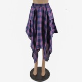 Plaid Print Elastic Waist Irregular Skirt