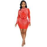 Beaded Rhinestone Mesh See Through Mini Dress