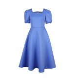 Solid Puff Sleeve Square Neck Party Skater Dress