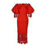 Solid Off Shoulder Lace Panel Balloon Sleeve Long Party Dress