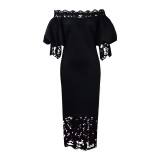 Solid Off Shoulder Lace Panel Balloon Sleeve Long Party Dress
