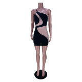 One Shoulder Mesh Insert Bodycon Mini Dress