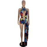 Print  Cut Out Bobysuit Swimsuit and Cover-Up 2PCS Set