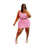 Plus Size Sports Rhinestone Hatler Crop Top and Skirt Two Piece Set