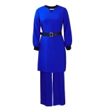Full Seeve Loose Long Top with Belt and Wide Leg Pants 2PCS Set