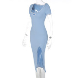 Blue U-Neck Short Sleeve Slit Dress