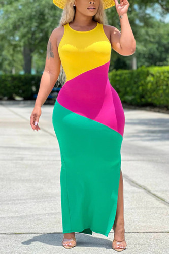 Colorblock Sleeveless Plus Size Slit Long Dress