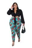 Plus Size Two Piece outfits Green Print Pants and Black Tie Front Top