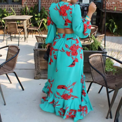 Trendy Sexy Print Tie Front Crop Top & Long Skirt Two Piece Set