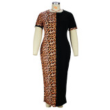 Plus Size Short Sleeve Patchwork Leopard Print O-Neck Long Dress